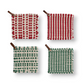 Mellow Monkey set of four festive crocheted pot holders in red and green patterns with brown leather hanging loops