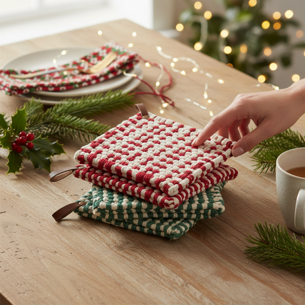 Mellow Monkey holiday crocheted pot holders in red and green with leather hanging loops on a wooden table