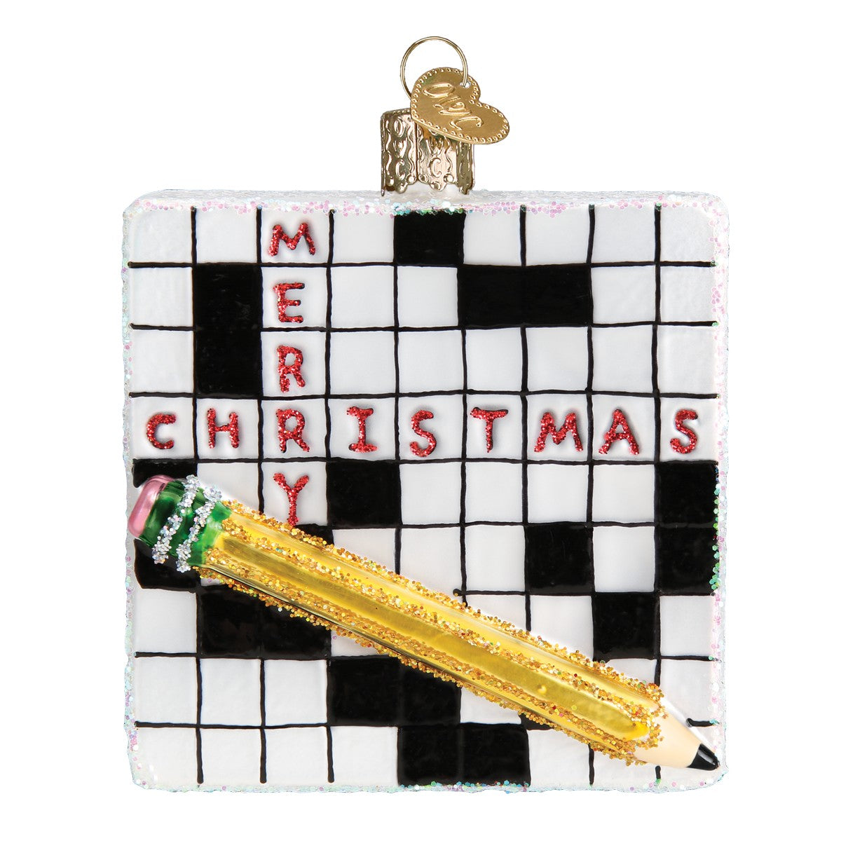 Mellow Monkey Crossword Puzzle holiday ornament, a blown glass Christmas ornament shaped like a crossword puzzle with "MERRY CHRISTMAS" filled in and a glittery pencil.