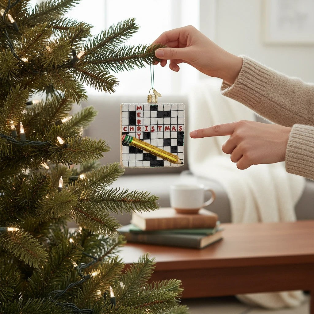 Mellow Monkey Crossword Puzzle glass holiday ornament with "Merry Christmas" text and a gold pencil.