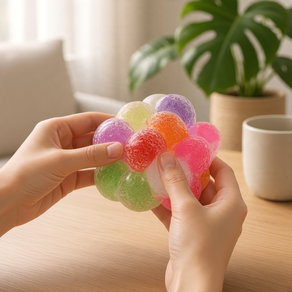Mellow Monkey Crunch & Squish candy-themed stress ball with colorful, textured spheres held in hands for sensory play.