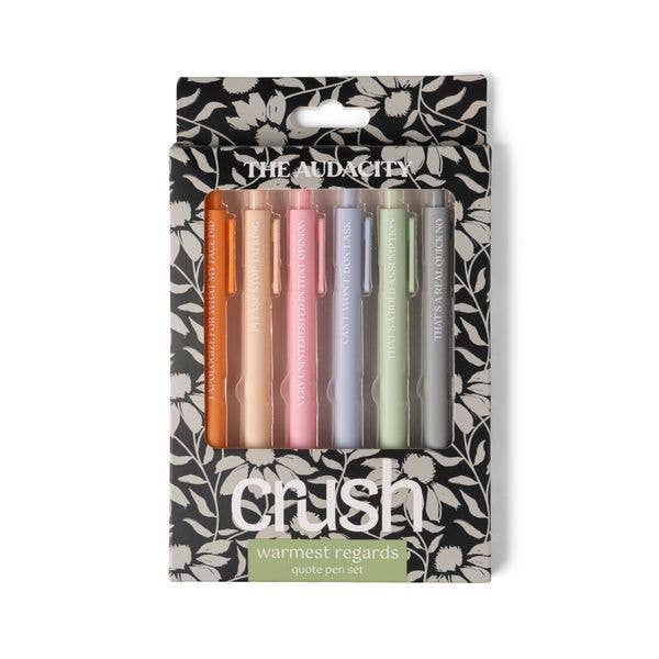 Mellow Monkey Crush The Audacity quote pen set featuring six pastel ballpoint pens with sassy text in a floral box.