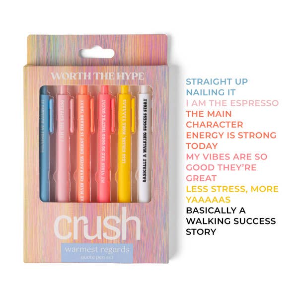 Mellow Monkey Crush Worth The Hype pen set featuring six colorful click ballpoint pens with uplifting quotes.