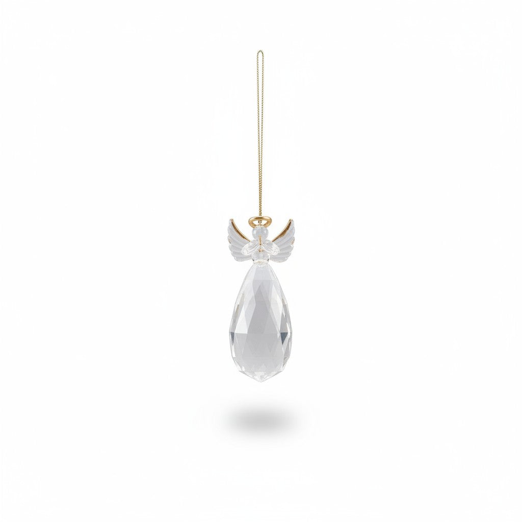 Mellow Monkey crystal angel ornament with gold halo and faceted teardrop body hanging from a delicate gold cord