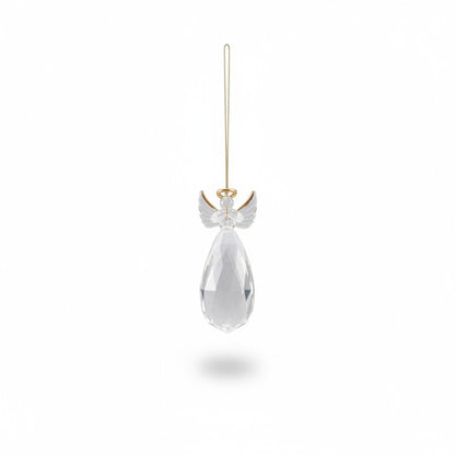 Mellow Monkey crystal angel ornament with gold halo and faceted teardrop body hanging from a delicate gold cord