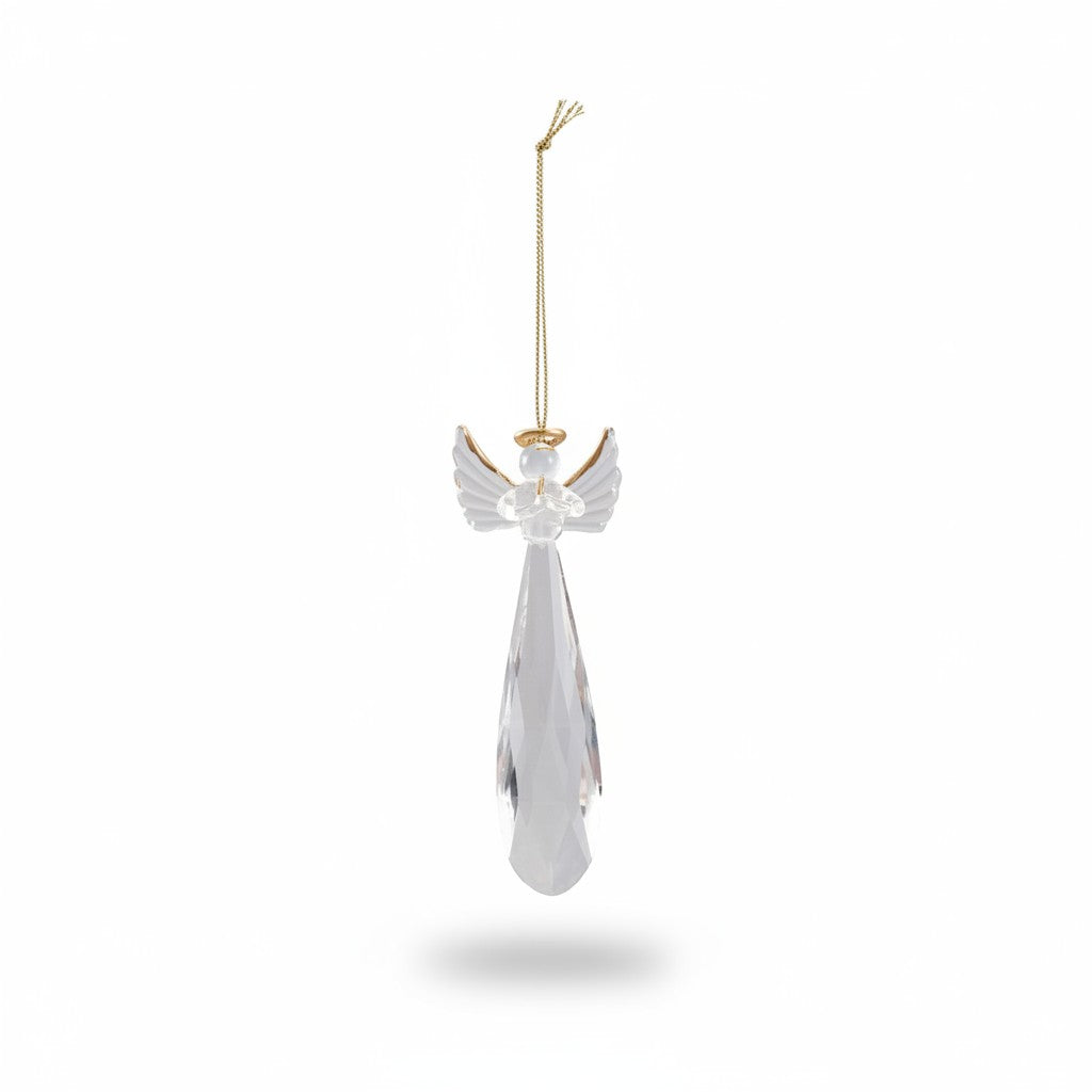 Mellow Monkey crystal angel ornament with a gold halo and hanging string, clear faceted glass design