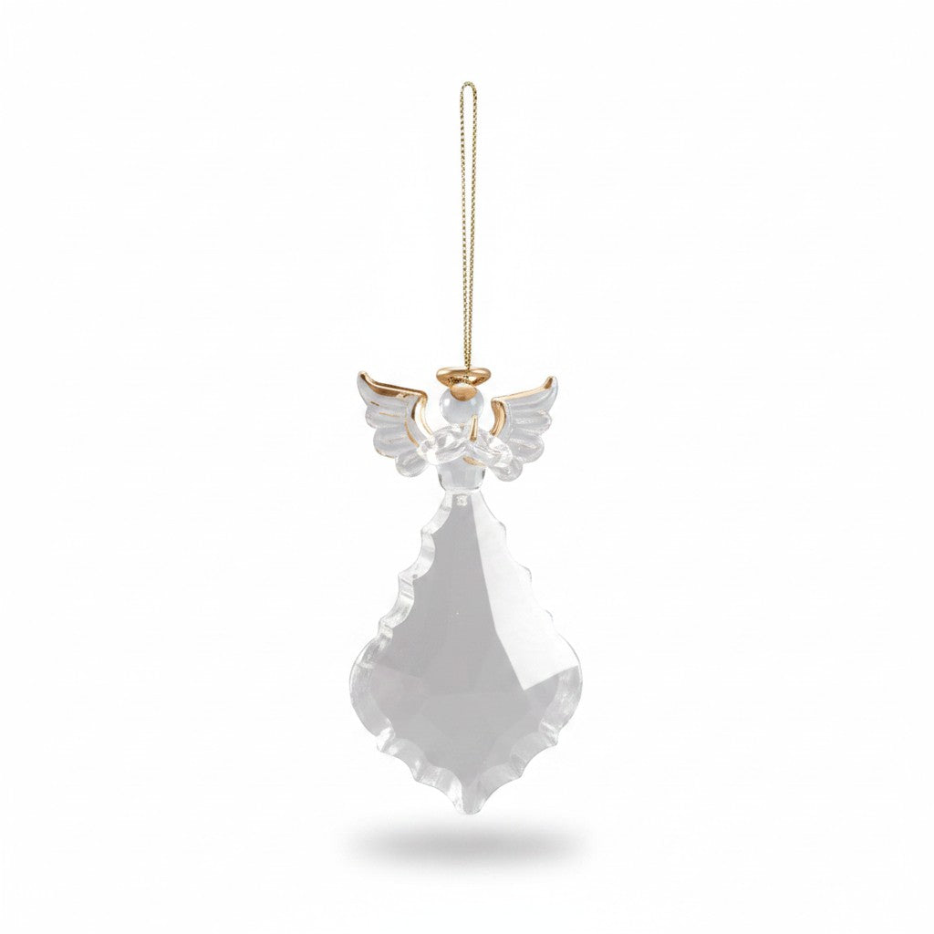 Mellow Monkey crystal angel ornament with a gold finish halo and wings hanging from a gold string