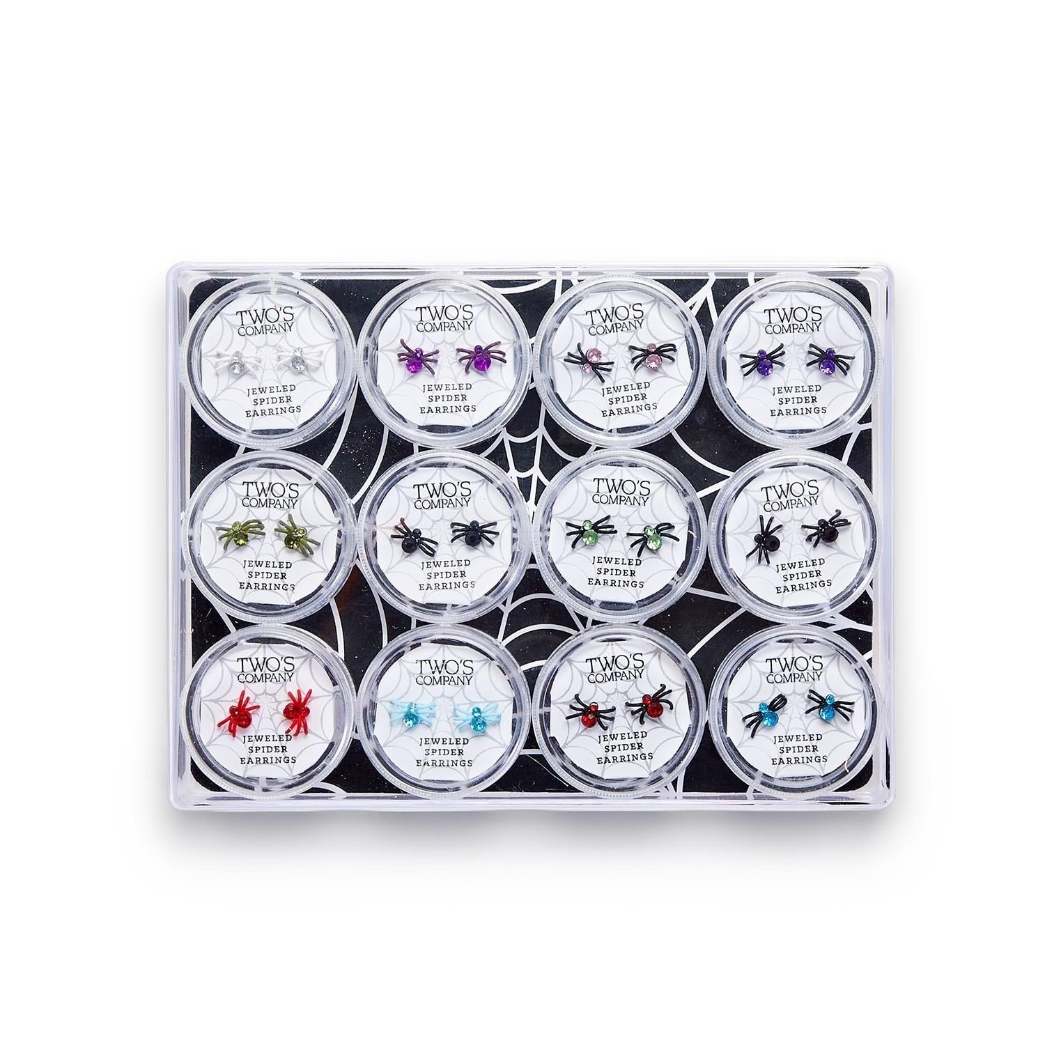 Mellow Monkey crystal spider earrings in assorted colors displayed in a clear plastic storage case.