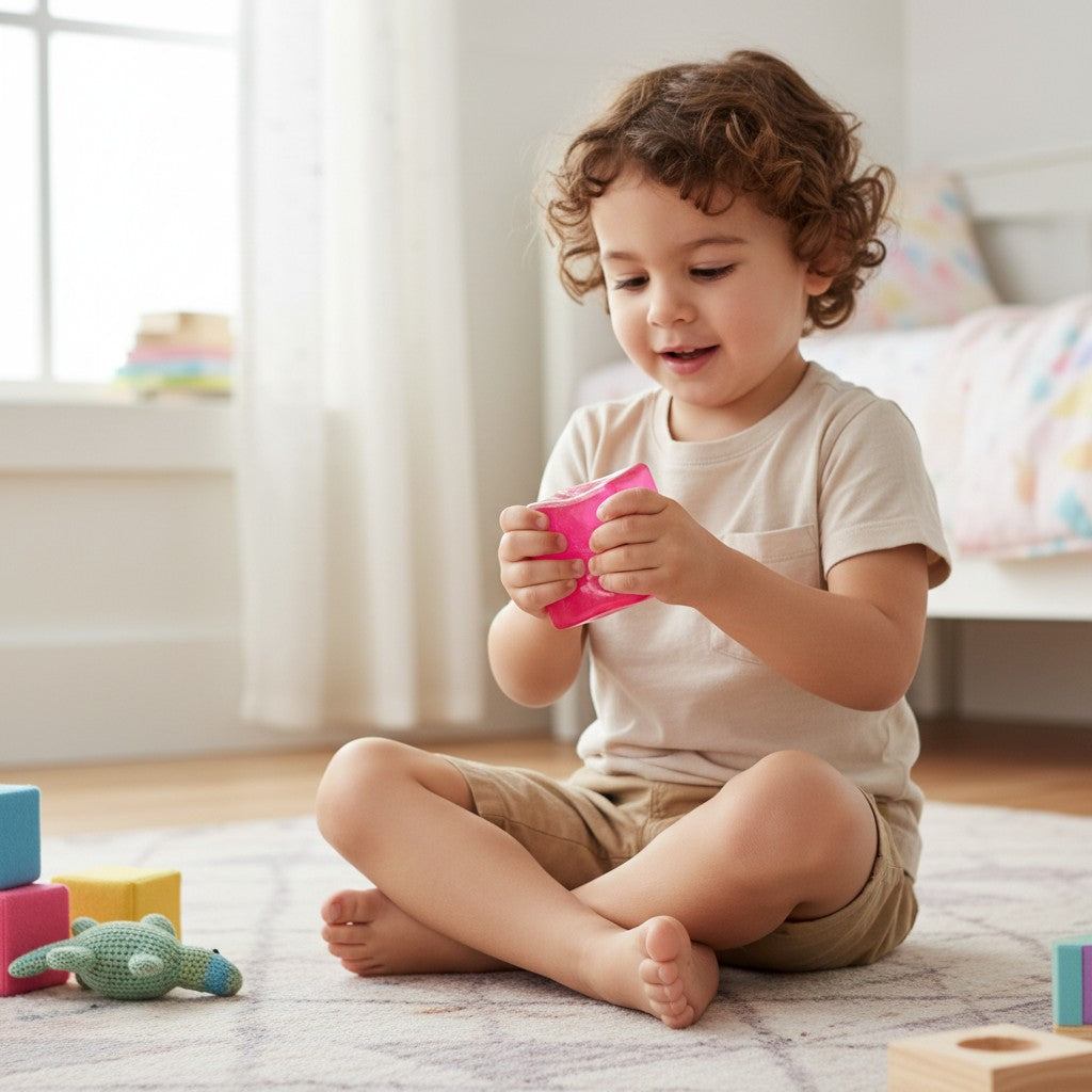 Toddler playing with a Mellow Monkey Crystal Squish Stretch Cube, a glittery pink sensory fidget toy in a bedroom.