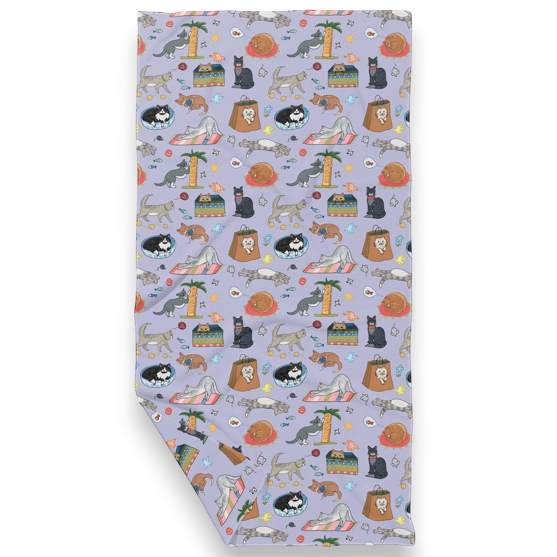 Mellow Monkey cute cats and mice pattern recycled polyester waffle dish towel, 17.75 x 28 inches.