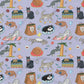 Mellow Monkey cute cats double sided waffle recycled dish towel in lavender with various cat illustrations, scratching posts, and cat beds.