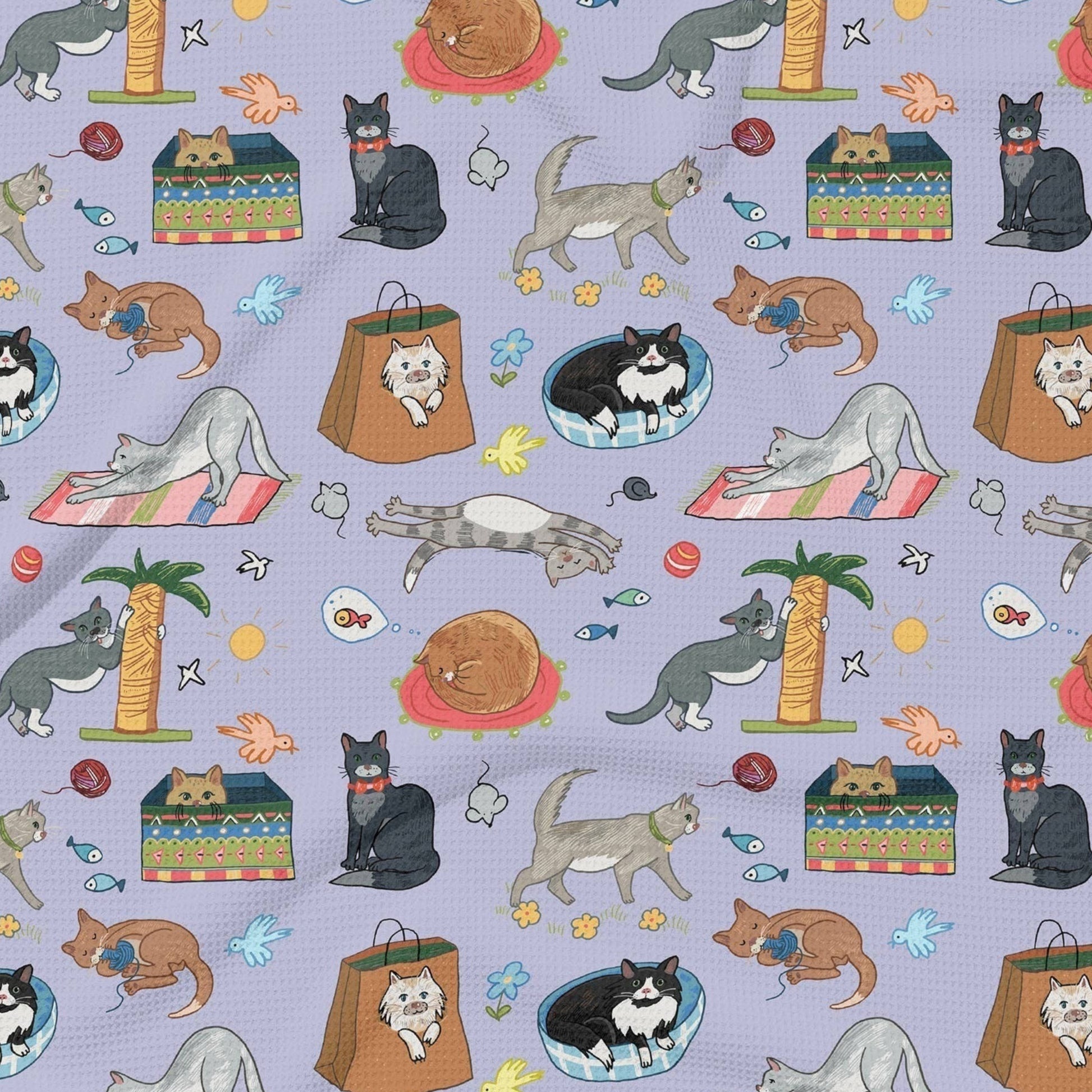 Mellow Monkey cute cats double sided waffle recycled dish towel in lavender with various cat illustrations, scratching posts, and cat beds.