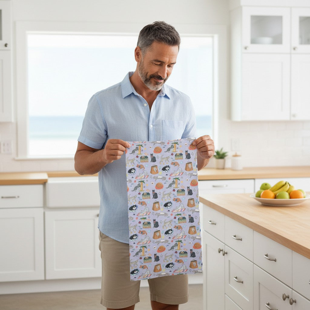 Mellow Monkey cute cats double sided waffle recycled dish towel, 18x30 inches, made from recycled polyester with a waffle texture.
