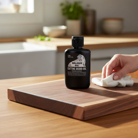Mellow Monkey Walrus Oil Cutting Board Oil 2 oz. bottle with flip-top cap. Food-safe wood preserving oil.