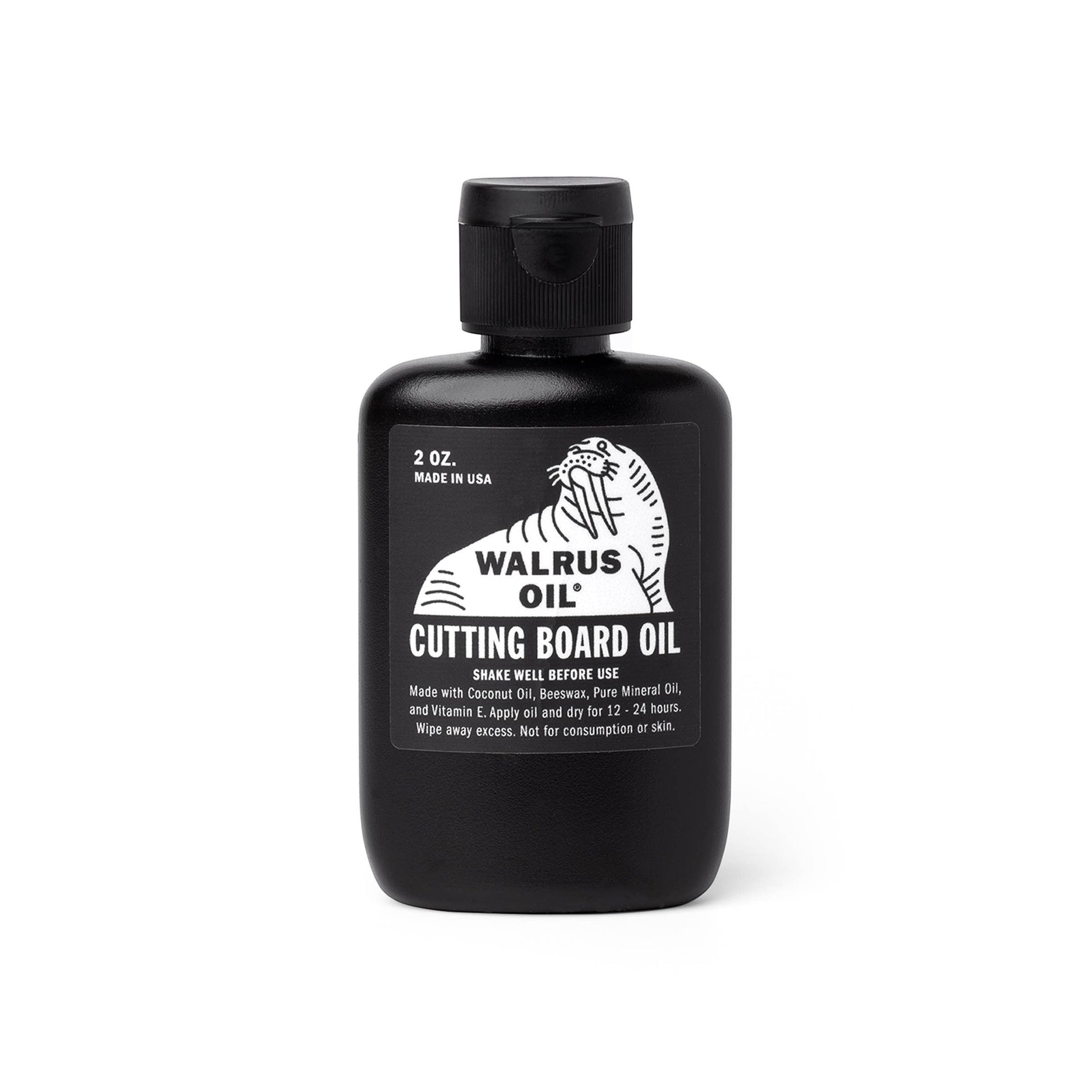 Mellow Monkey Walrus Oil Cutting Board Oil, 2 oz. bottle with flip-top cap. Food-safe wood preserving oil with beeswax.