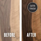 Mellow Monkey Cutting Board Oil before and after wood treatment, showing a rich, dark satin finish.