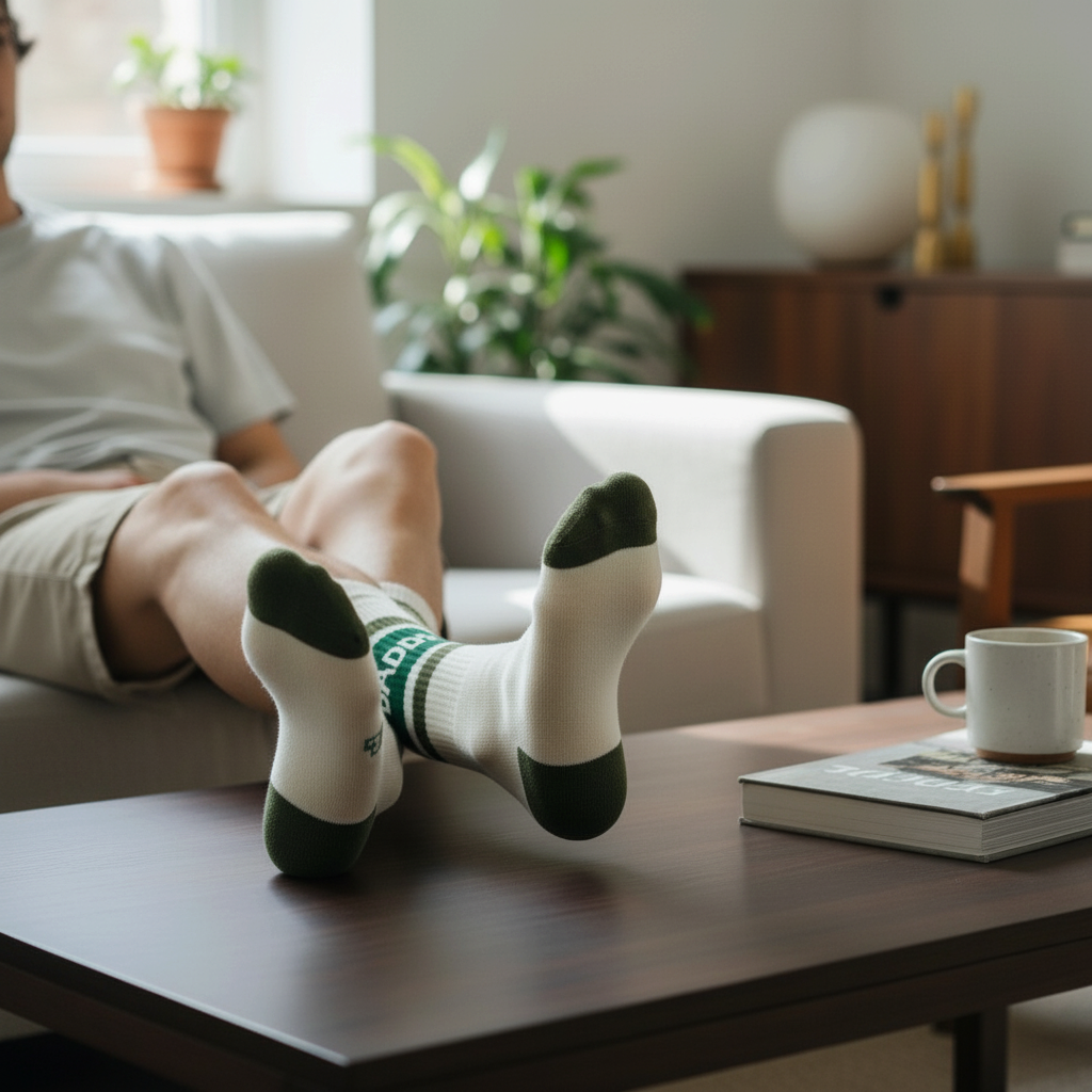 Mellow Monkey Daddy gym crew socks in white with green accents worn by a man relaxing on a sofa