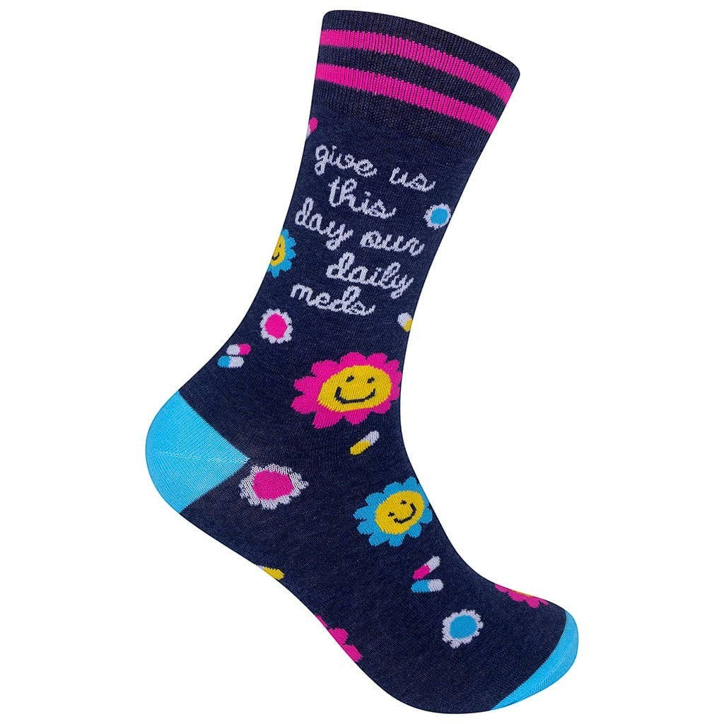 Mellow Monkey dark blue novelty socks featuring Give Us This Day Our Daily Meds text, smiley flowers, and pill icons.