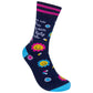 Mellow Monkey dark blue novelty socks featuring smiley pill and flower illustrations with the text Daily Meds.