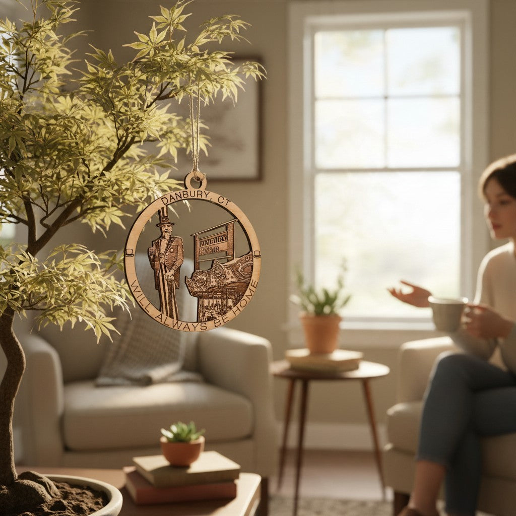 Mellow Monkey 4-inch round wood ornament featuring Danbury, CT landmarks and text hanging from a decorative tree.
