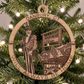 Mellow Monkey 4-inch round wooden ornament featuring Danbury Fair imagery and text hanging on a Christmas tree