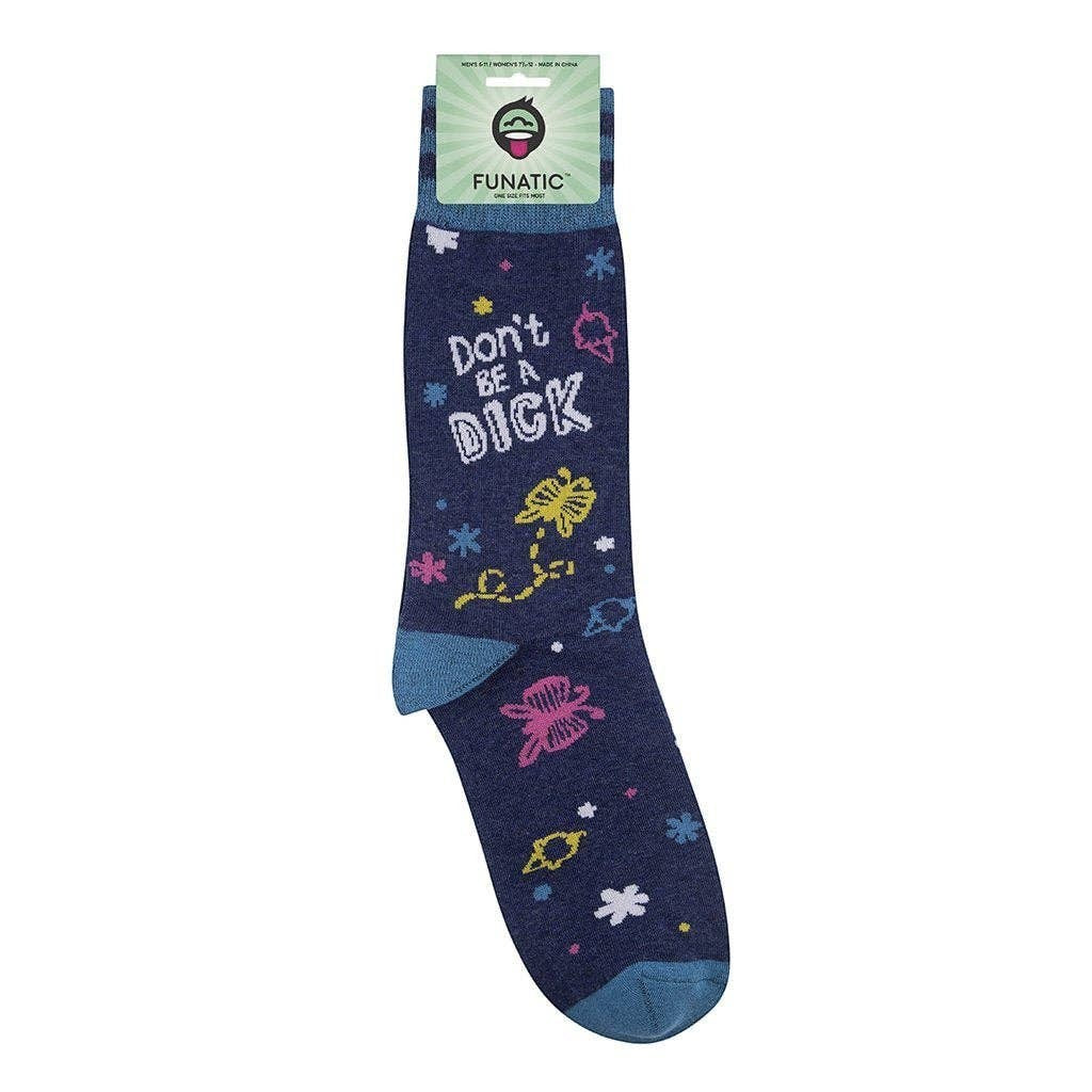 Mellow Monkey dark blue crew socks featuring colorful doodles and the text Don't Be a Dick in a soft cotton blend