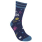 Mellow Monkey dark blue crew socks featuring colorful doodles and the text Don't Be a Dick in a soft cotton blend