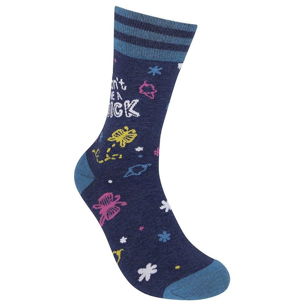 Mellow Monkey dark blue crew socks featuring colorful doodles and the text Don't Be a Dick in a soft cotton blend
