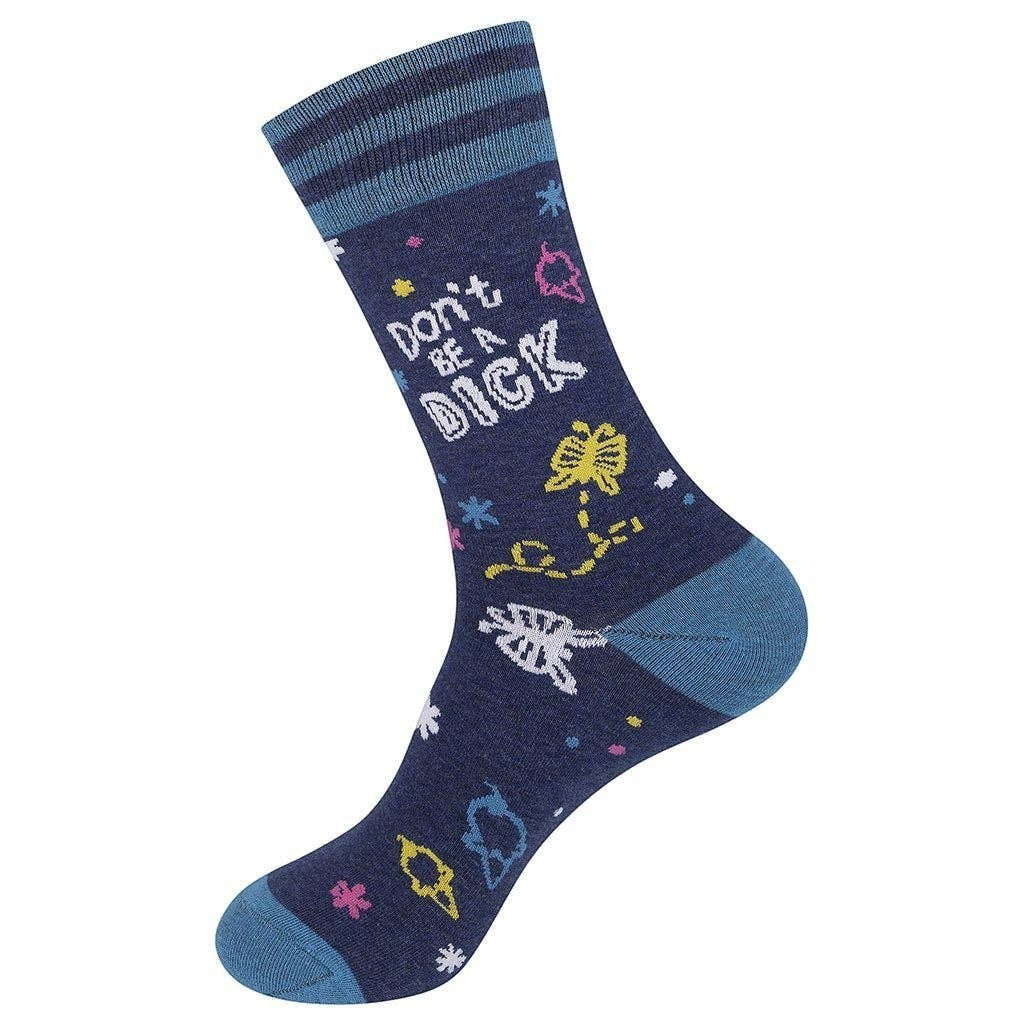 Mellow Monkey dark blue crew socks featuring colorful doodles and the text Don't Be a Dick in a soft cotton blend