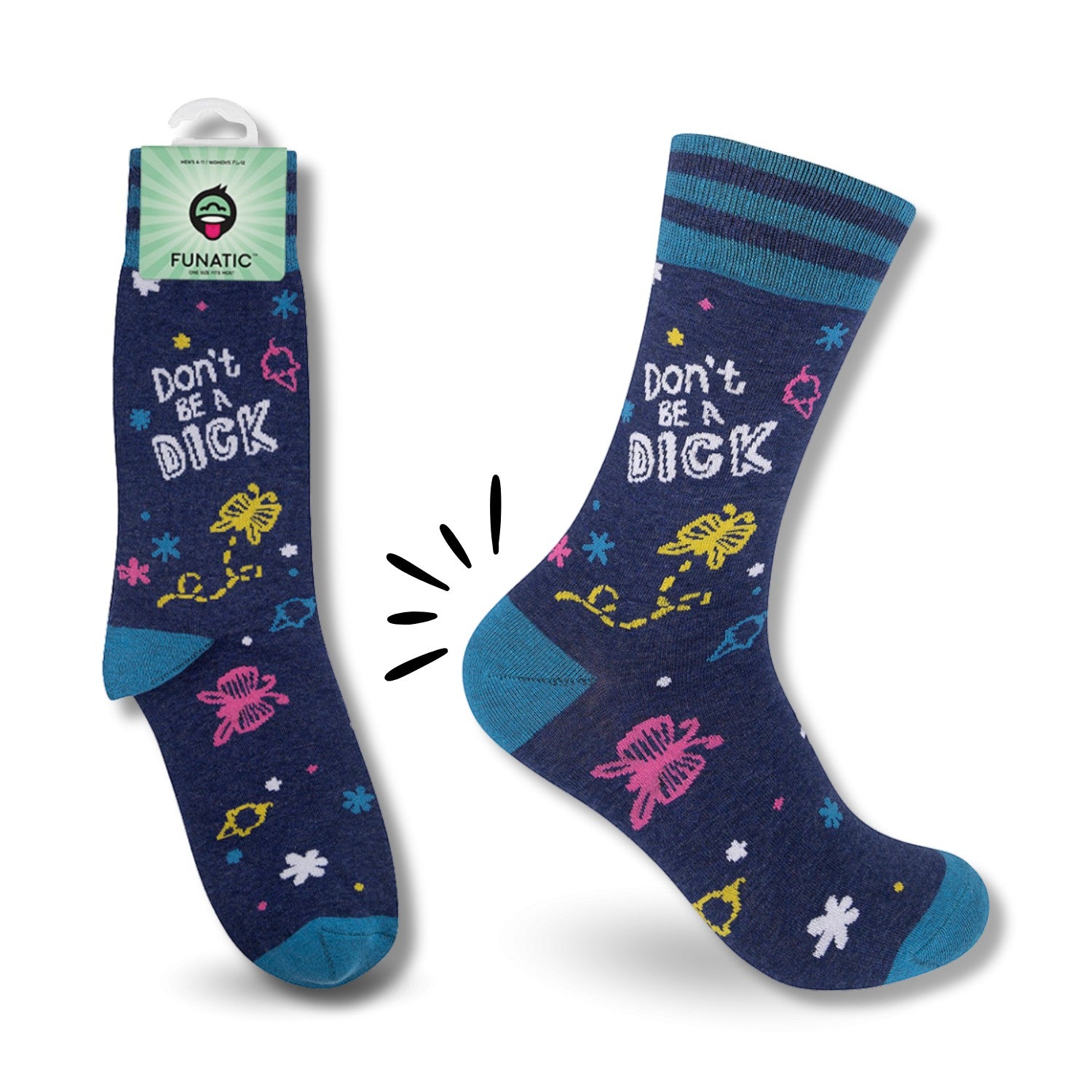 Mellow Monkey dark blue crew socks featuring colorful doodles and the text Don't Be a Dick with light blue accents.