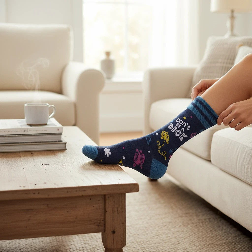 Mellow Monkey dark blue novelty socks with butterfly patterns and Don't Be A Dick text worn by a person on a sofa
