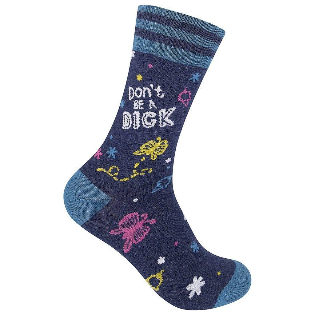 Mellow Monkey dark blue crew socks featuring colorful doodles and the text Don't Be a Dick in a soft cotton blend.