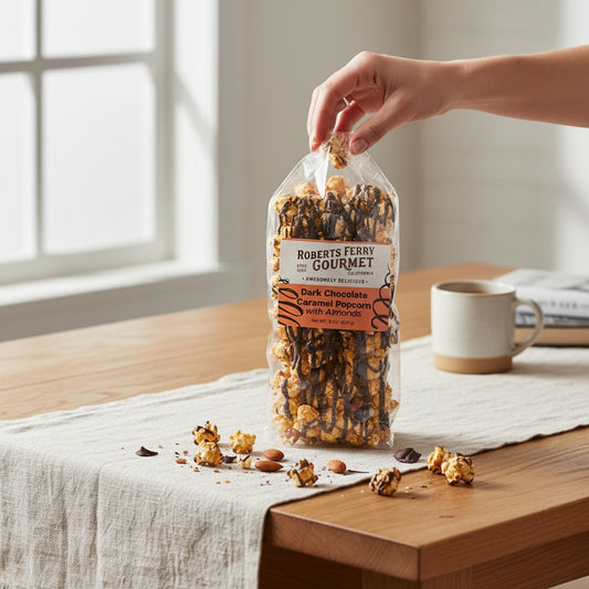 Mellow Monkey dark chocolate almond caramel popcorn in a clear bag held by a hand on a wooden table with a mug