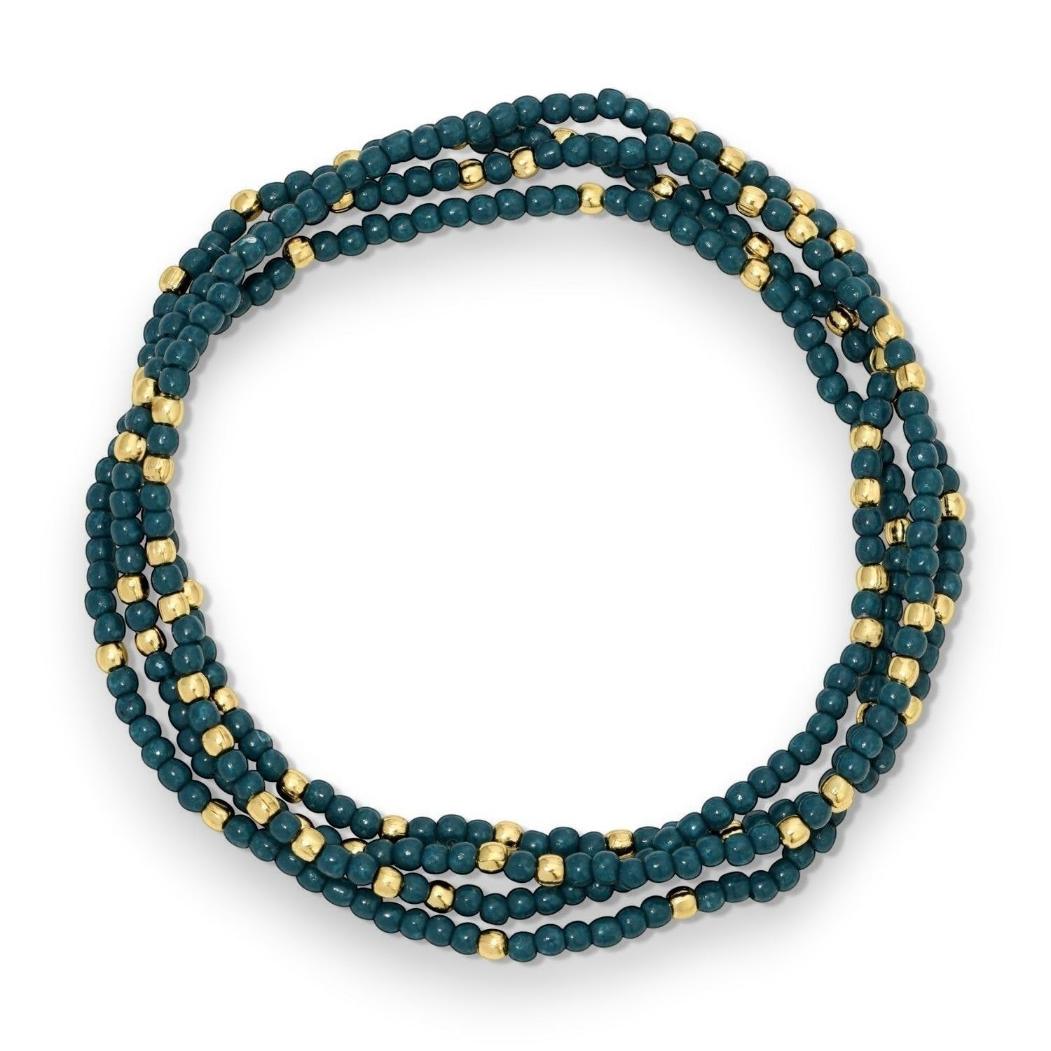 Mellow Monkey dark teal seed bead stretch bracelet with 18K gold plated brass accents