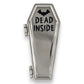 Mellow Monkey Dead Inside hinged coffin enamel pin in silver with a bat icon and magnetic closure.