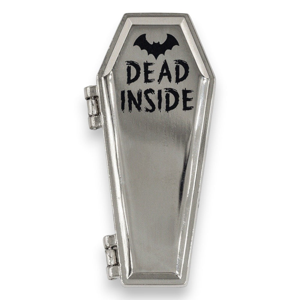 Mellow Monkey Dead Inside hinged coffin enamel pin in silver with a bat icon and magnetic closure.