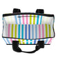 Mellow Monkey Original Deano Small tote bag in Havana Cabana multi-colored vertical stripe print with black straps.