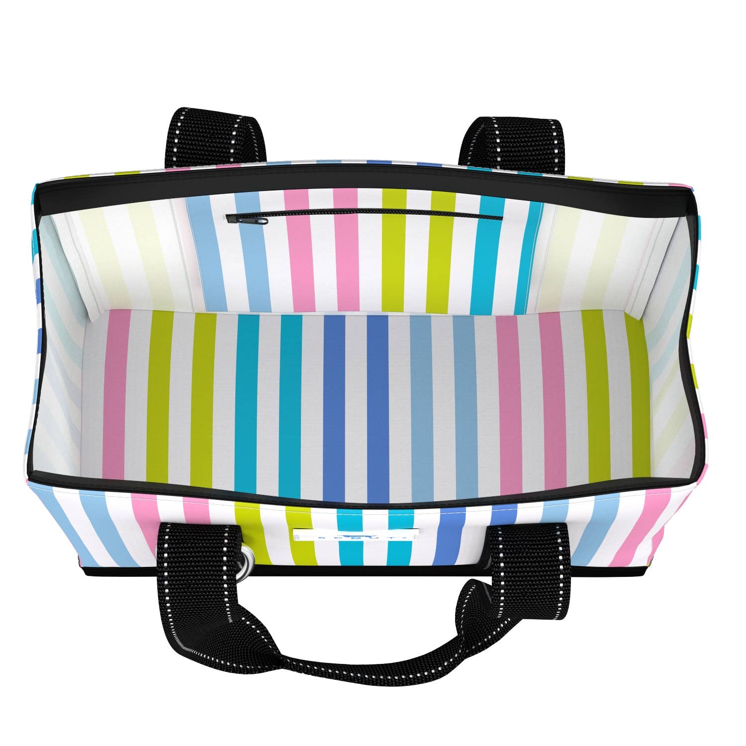 Mellow Monkey Original Deano Small tote bag in Havana Cabana multi-colored vertical stripe print with black straps.