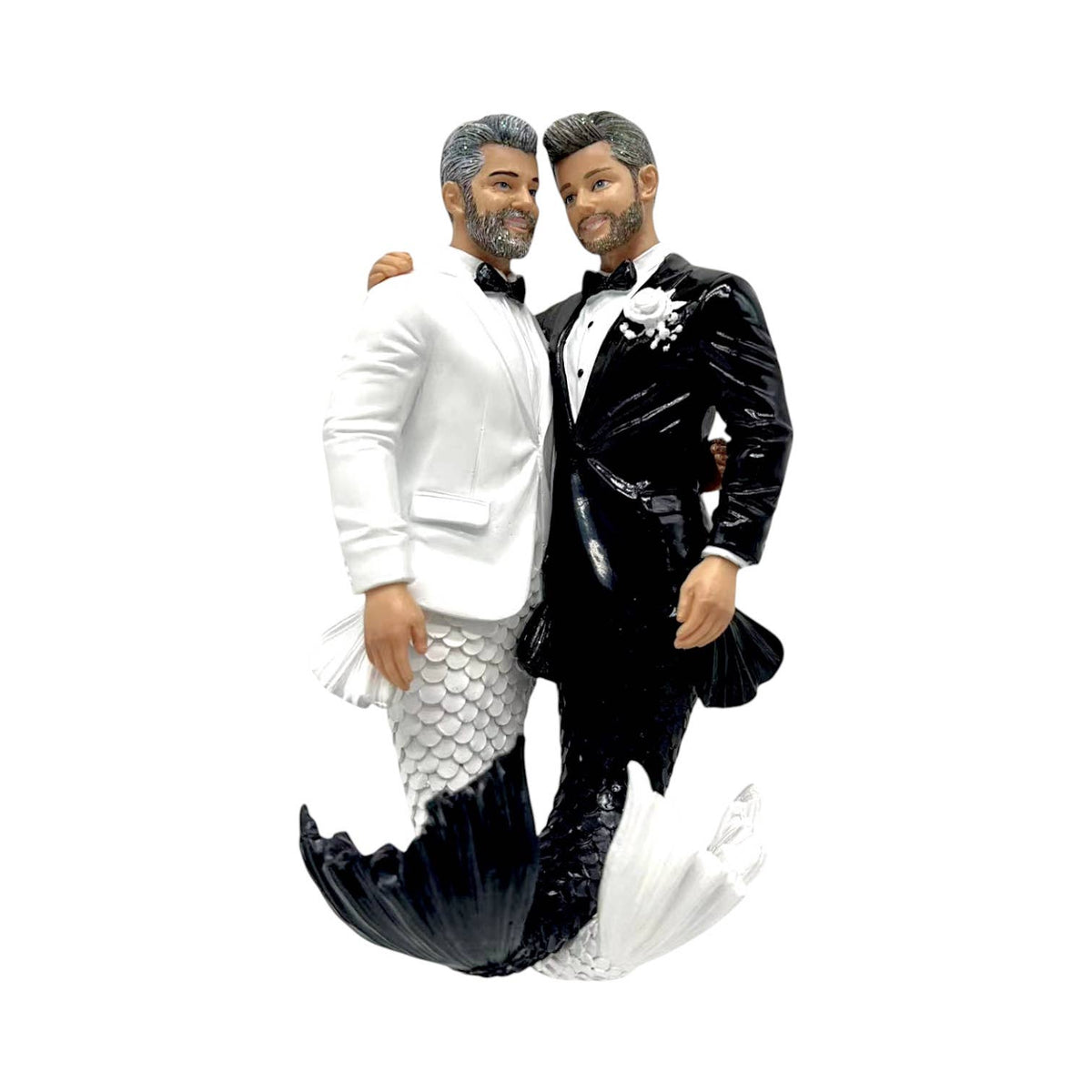 Mellow Monkey December Diamonds Oh Happy Day merman ornament featuring two grooms in black and white tuxedo tails.
