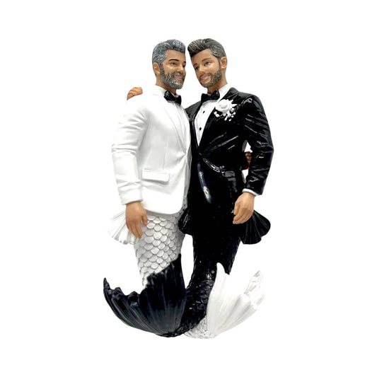 Mellow Monkey December Diamonds Oh Happy Day merman ornament featuring two grooms in black and white tuxedo tails.