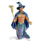 Mellow Monkey December Diamonds merman ornament wearing a blue wizard hat and cape, holding a gold staff and crystal.