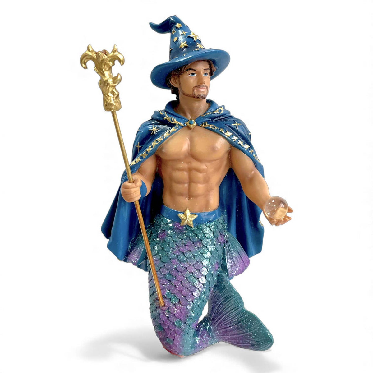 Mellow Monkey December Diamonds merman ornament wearing a blue wizard hat and cape, holding a gold staff and crystal.