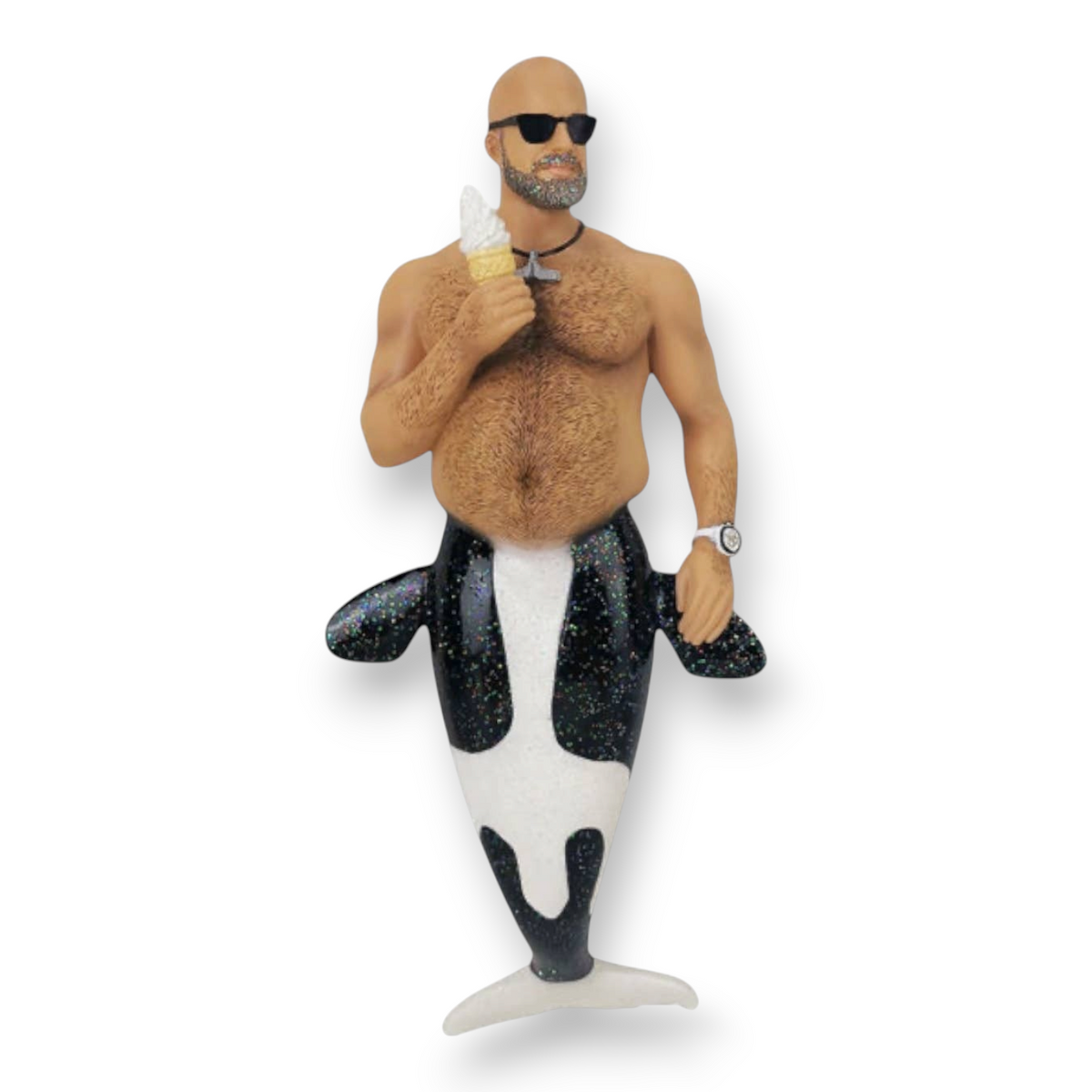 Mellow Monkey December Diamonds merman ornament featuring a bald man with sunglasses eating ice cream and a whale tail