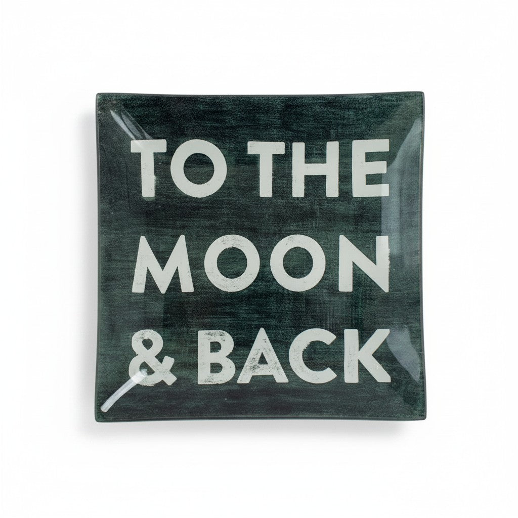 Mellow Monkey square decoupage plate with "To The Moon & Back" text in white. 6-inch decorative dish for jewelry or catchall.