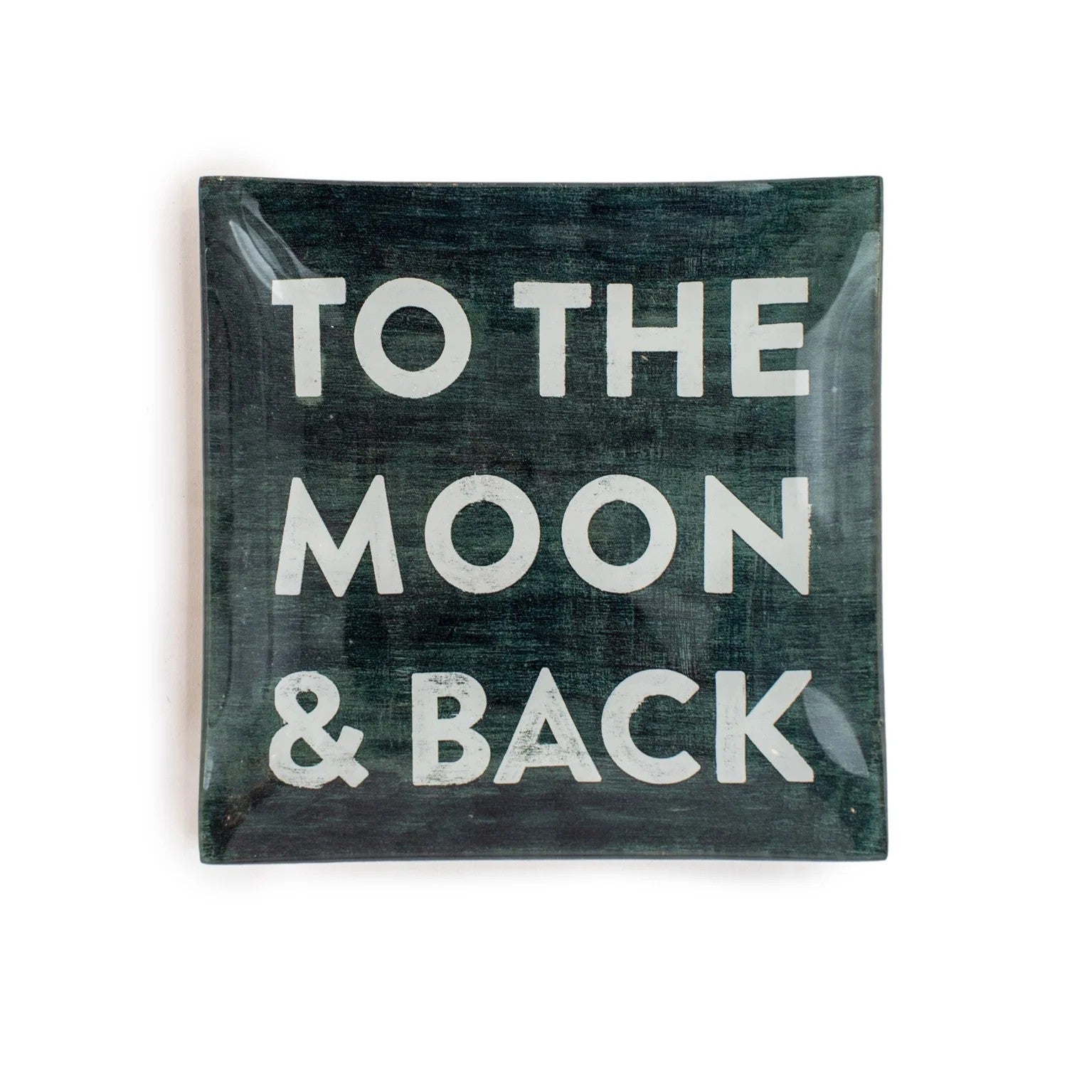 Mellow Monkey square decoupage plate with "To The Moon & Back" text in white. 6-inch decorative plate for jewelry or catchall.