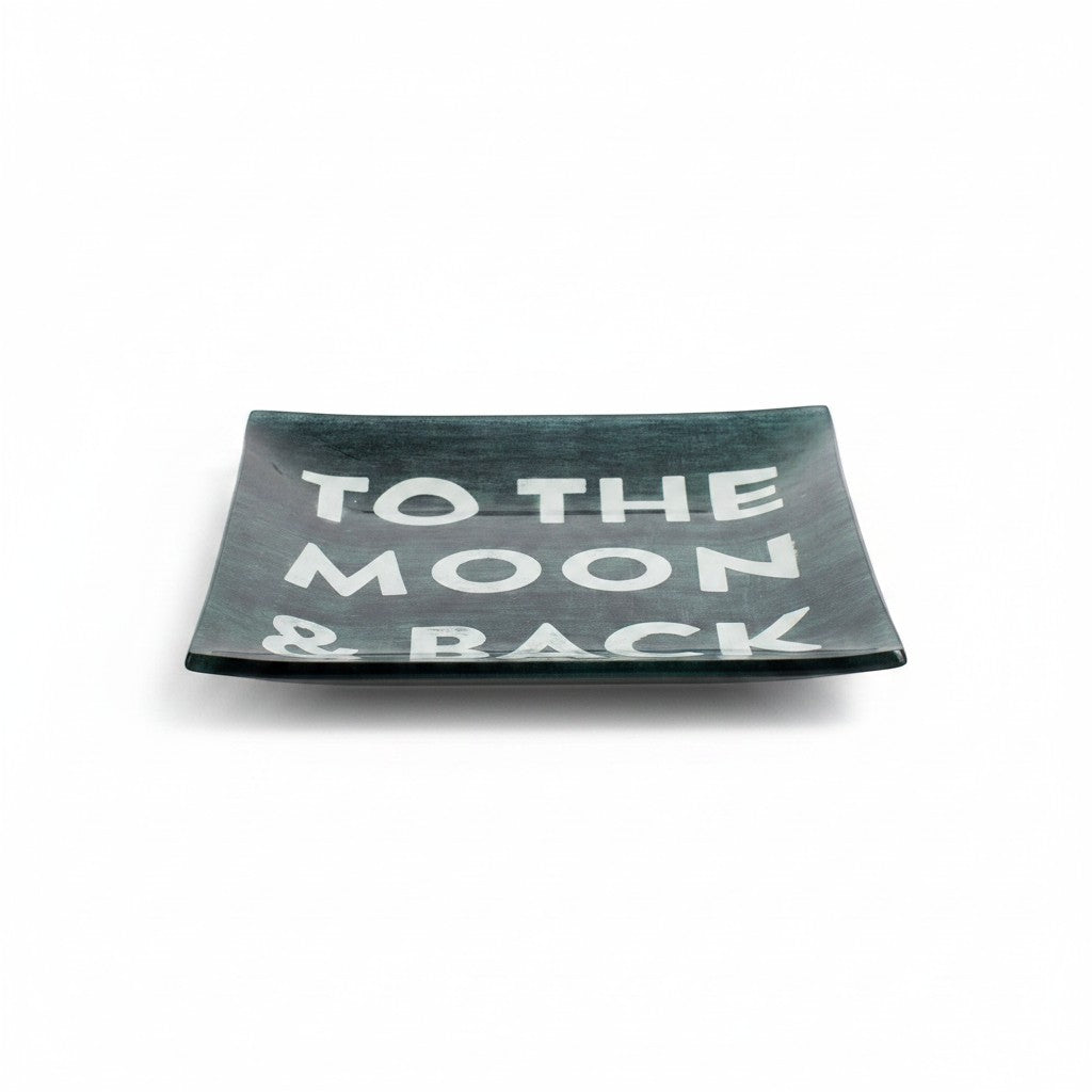 Mellow Monkey square decoupage plate with "To The Moon & Back" text in white. 6-inch decorative dish for jewelry or catchall.