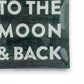Mellow Monkey To The Moon & Back 6-inch square decoupage plate with white text on a dark green distressed background.