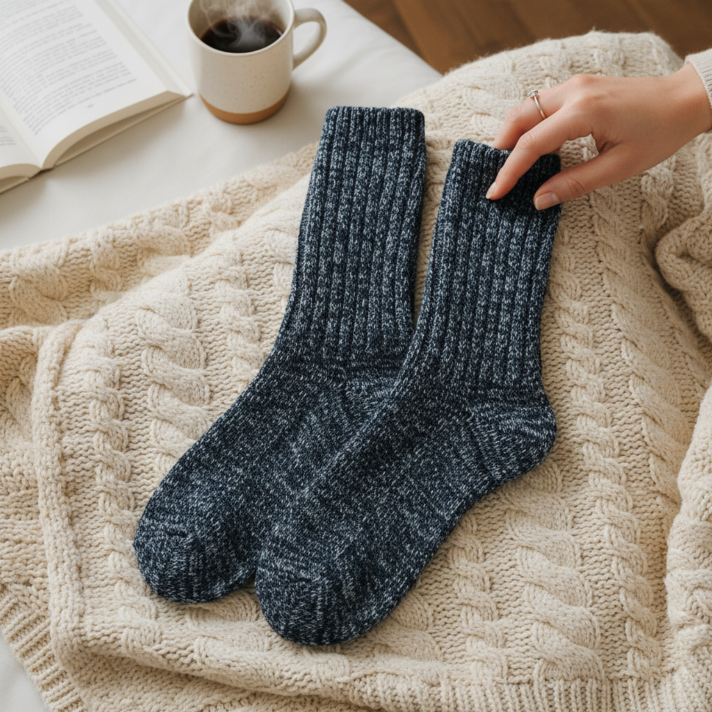 Mellow Monkey denim blue Ragg Metro crew socks with a ribbed texture resting on a cozy cream cable knit blanket