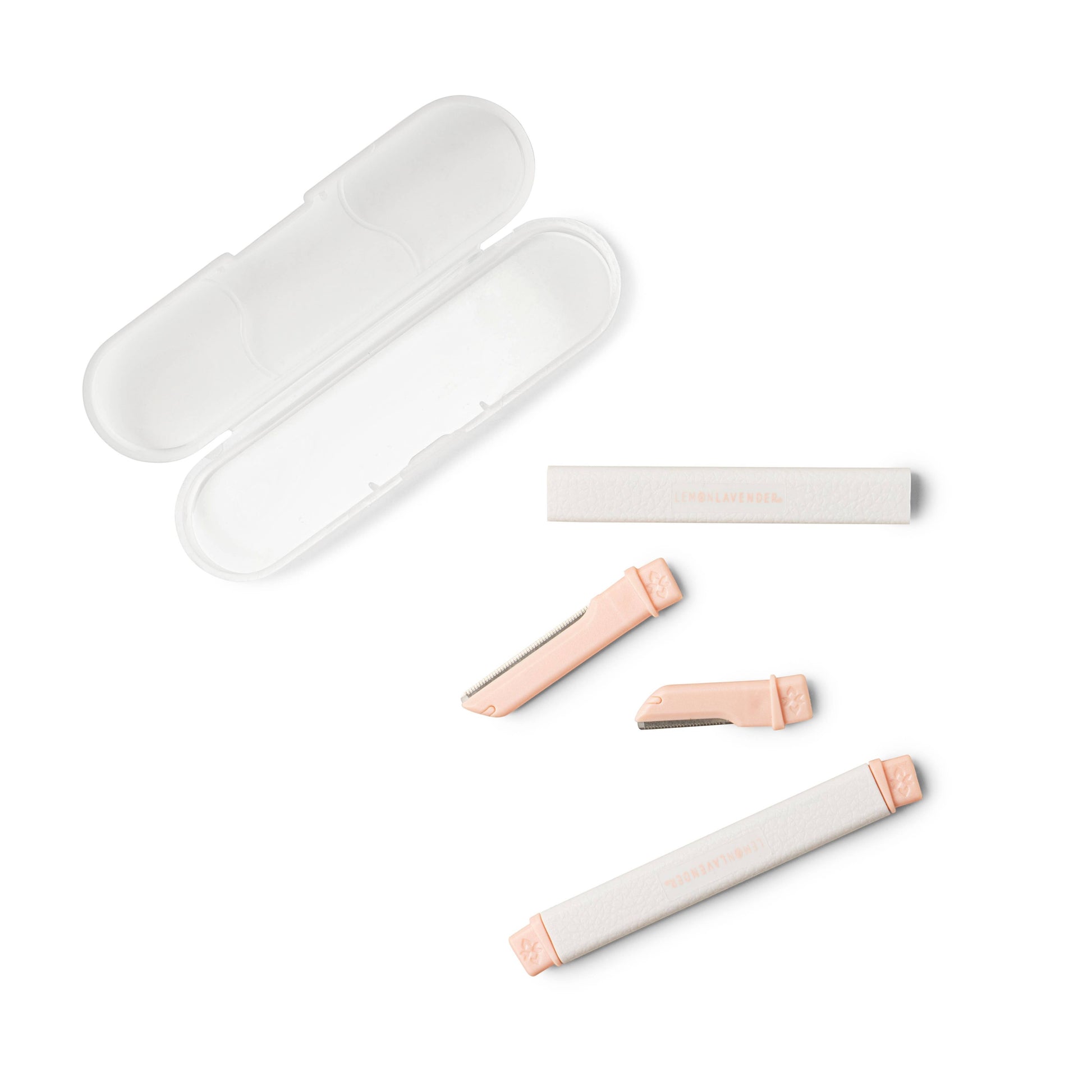 Mellow Monkey Fuzz Off Dermaplaner Facial Razor set with pink and white wands and a clear travel case.