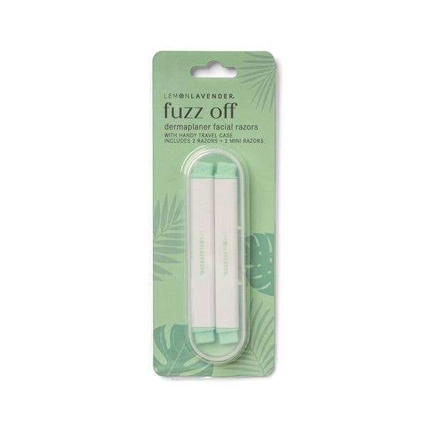 Mellow Monkey Fuzz Off dermaplaner facial razors in pastel green and white, includes travel case.